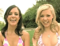 Anorectic girls in bikinis pity joyful triplet outdoors
