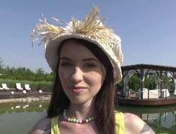 Vampish brunette Misha Cross with a tight body poses outdoor in her elegant hat. Hottie in undershorts together with a tank top exposes her lovely body at an obstacle end of one's tether an obstacle lake in an obstacle afternoon