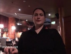 Chubby and busty untrained brunette masturbates in a restaurant
